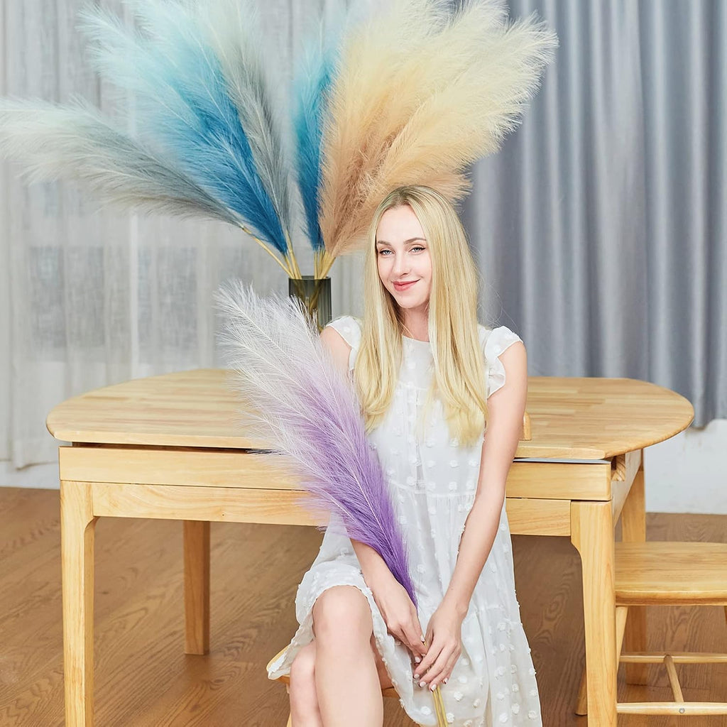 Faux Pampas Grass Decor, 6 Stems Artificial Pampas Grass - 43 inch Tall Pompass Grass Large Pompous Boho Flower Arrangement Home Decor for Room Wedding Party