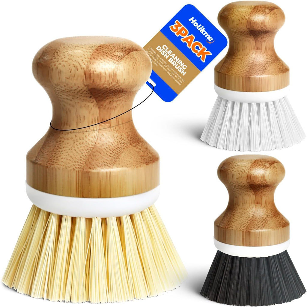 Holikme Bamboo Palm Brush Dish Brushes Round Vegetable Brush,Yellow