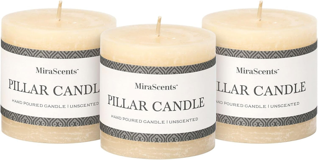 Ivory Pillar Candles - Set of 3, Hand-Poured Unscented, Long Burning, Large, Smokeless Dripless for Dinner Table, Wedding, Home, Bathroom, Rustic Decor