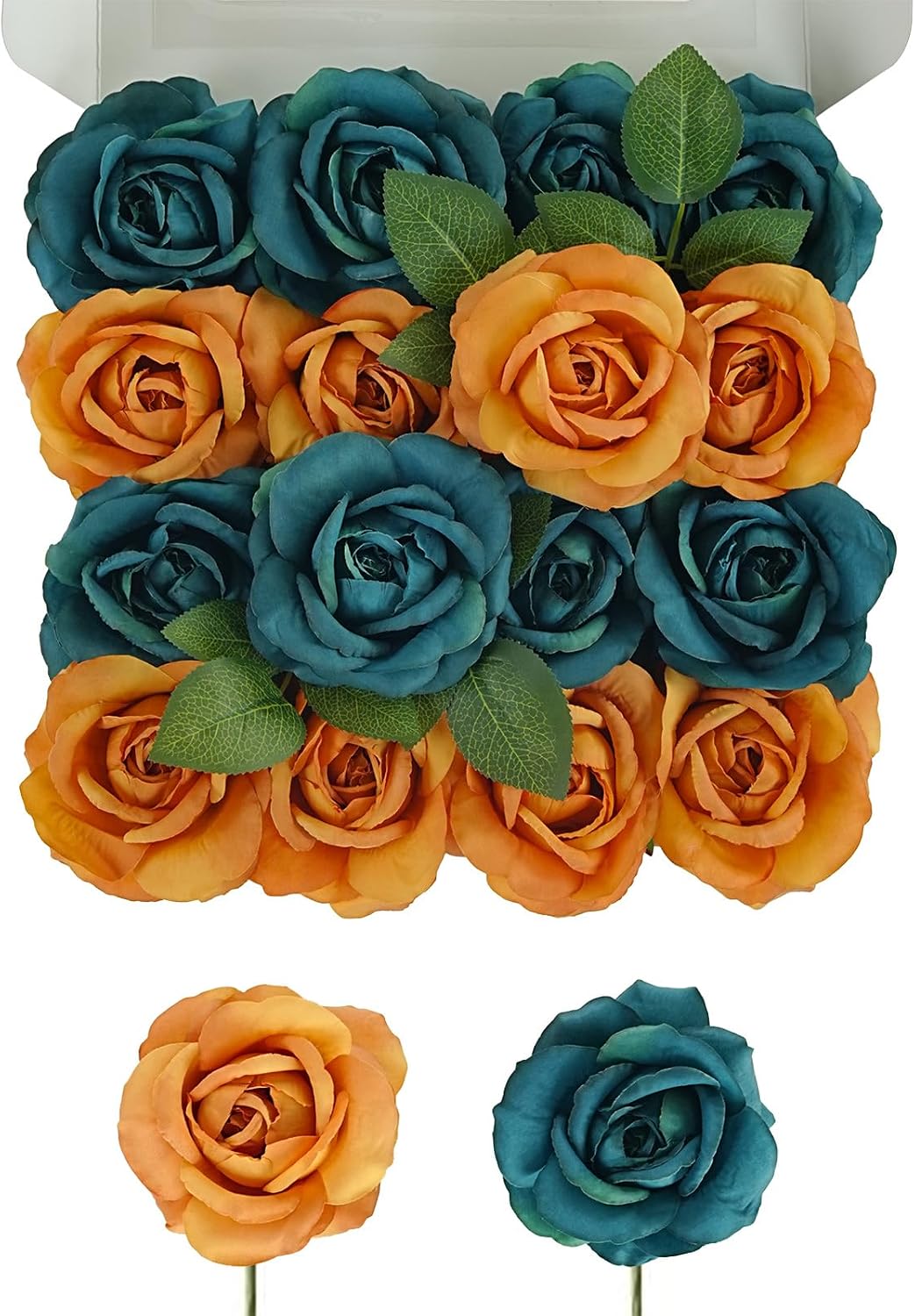 TINGE TIME Artificial Flowers Fall Flowers Combo Box Set, 16PCS Fake Rose Silk Flower w/Stem for DIY Wedding Bouquets Centerpieces Baby Shower Party Home Spring Decoration (Burnt Orange & Dark Teal)