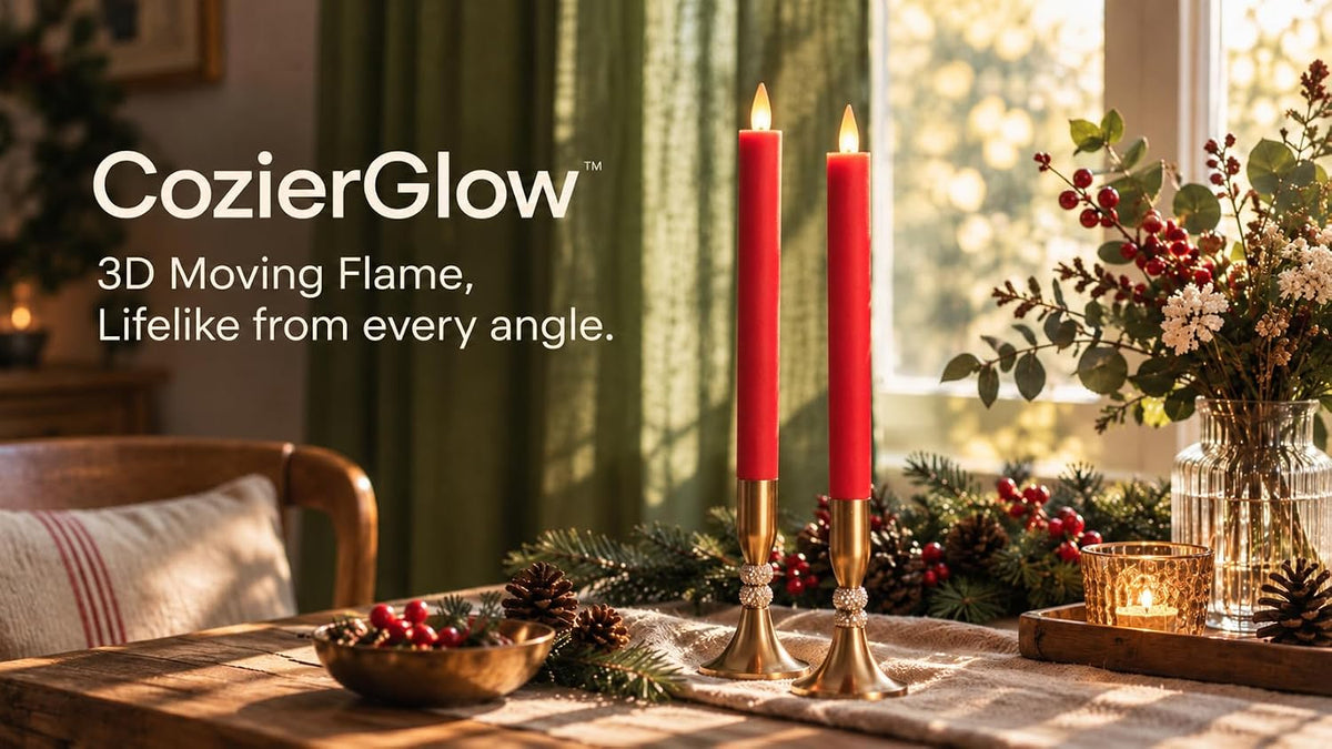 Holiday Red Flameless Taper Candles with Remote & Timer - 9 Inch, Leather-Textured Real Wax, 3D Moving Flicker, 400Hr Battery Operated Window Candles.
