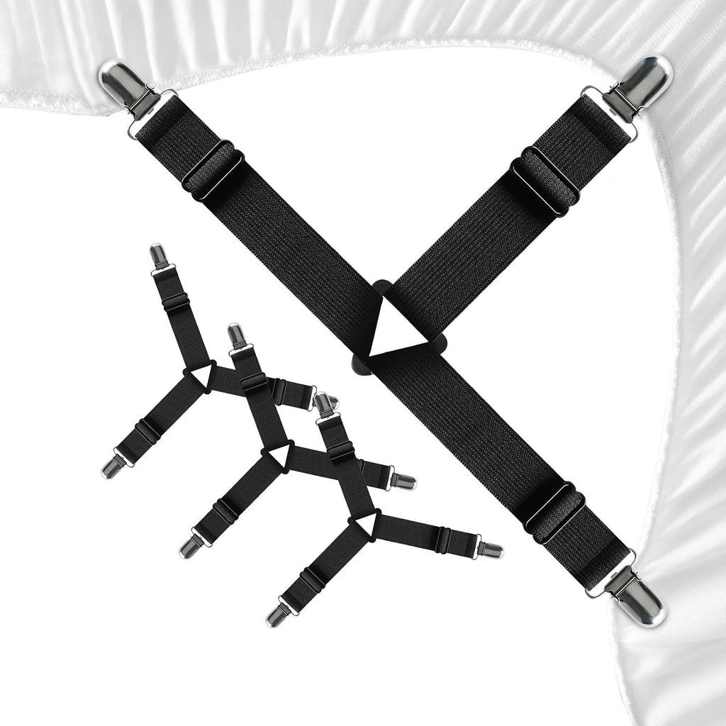 FeelAtHome Adjustable Bed Sheet Clips & Corner Fasteners, 4 Pack, Black