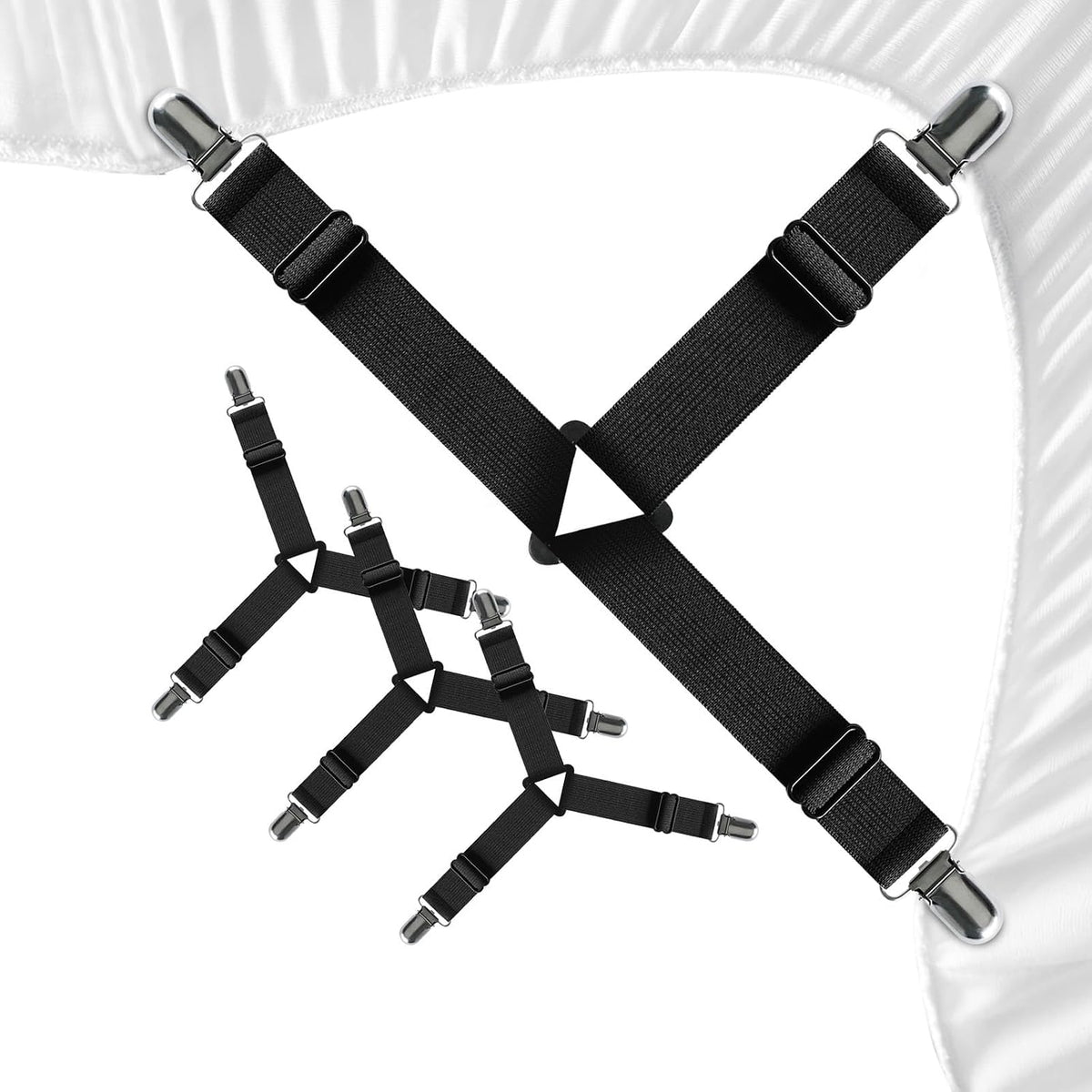 FeelAtHome Adjustable Bed Sheet Clips & Corner Fasteners, 4 Pack, Black