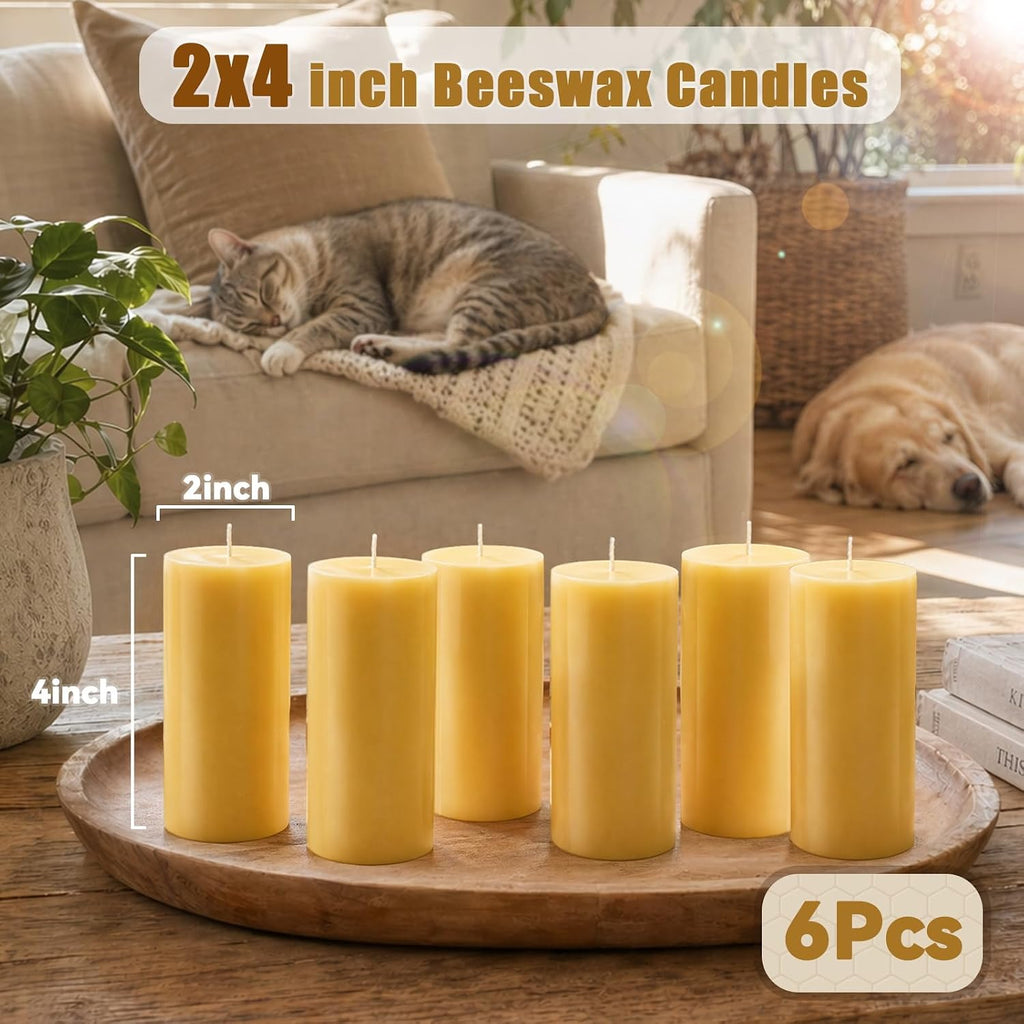Natural Beeswax Pillar Candles, Non Toxic, 240H Long Burning, 2"x4", 6Pack