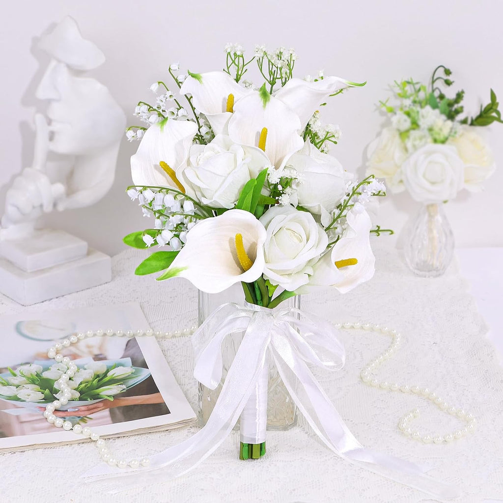 Wedding Bouquets for Bride Bridesmaid 13.8 Inch Ivory White Calla Lilies Artificial Roses Flowers Bridal Bouquets for Bride Wedding Marriage Proposal Party Church Decoration
