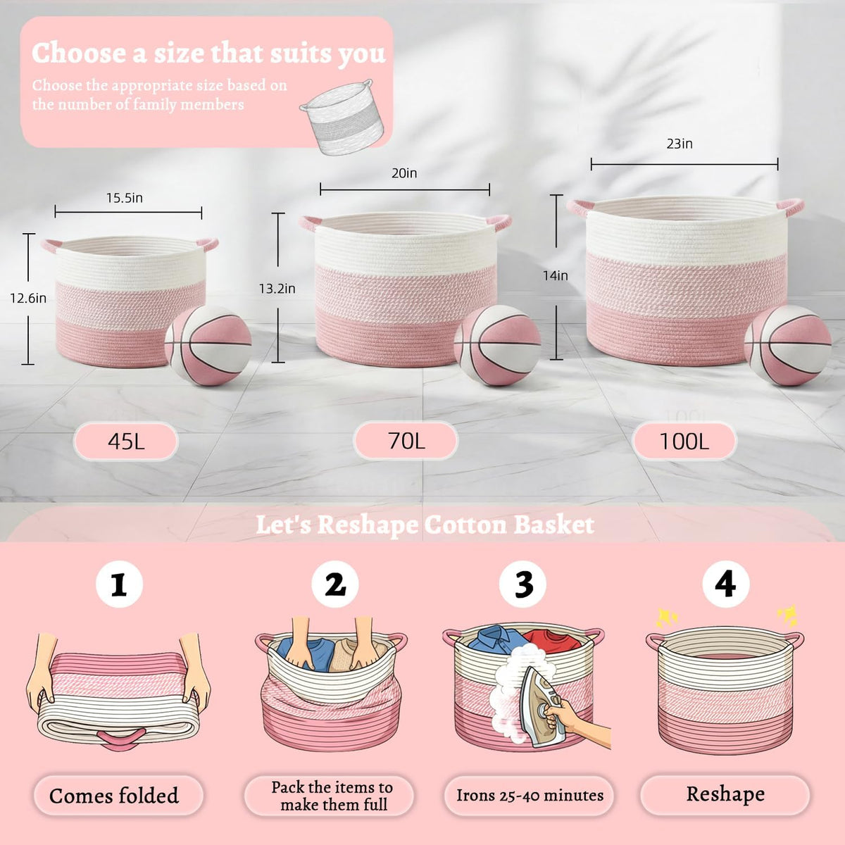 Artfeel 100L Large Cotton Rope Basket, Decorative Woven Blanket Storage for Living Room, Boho Toy Storage & Toy Box for Kids, Versatile Laundry Basket & Nursery Hamper for Blankets(Pink)