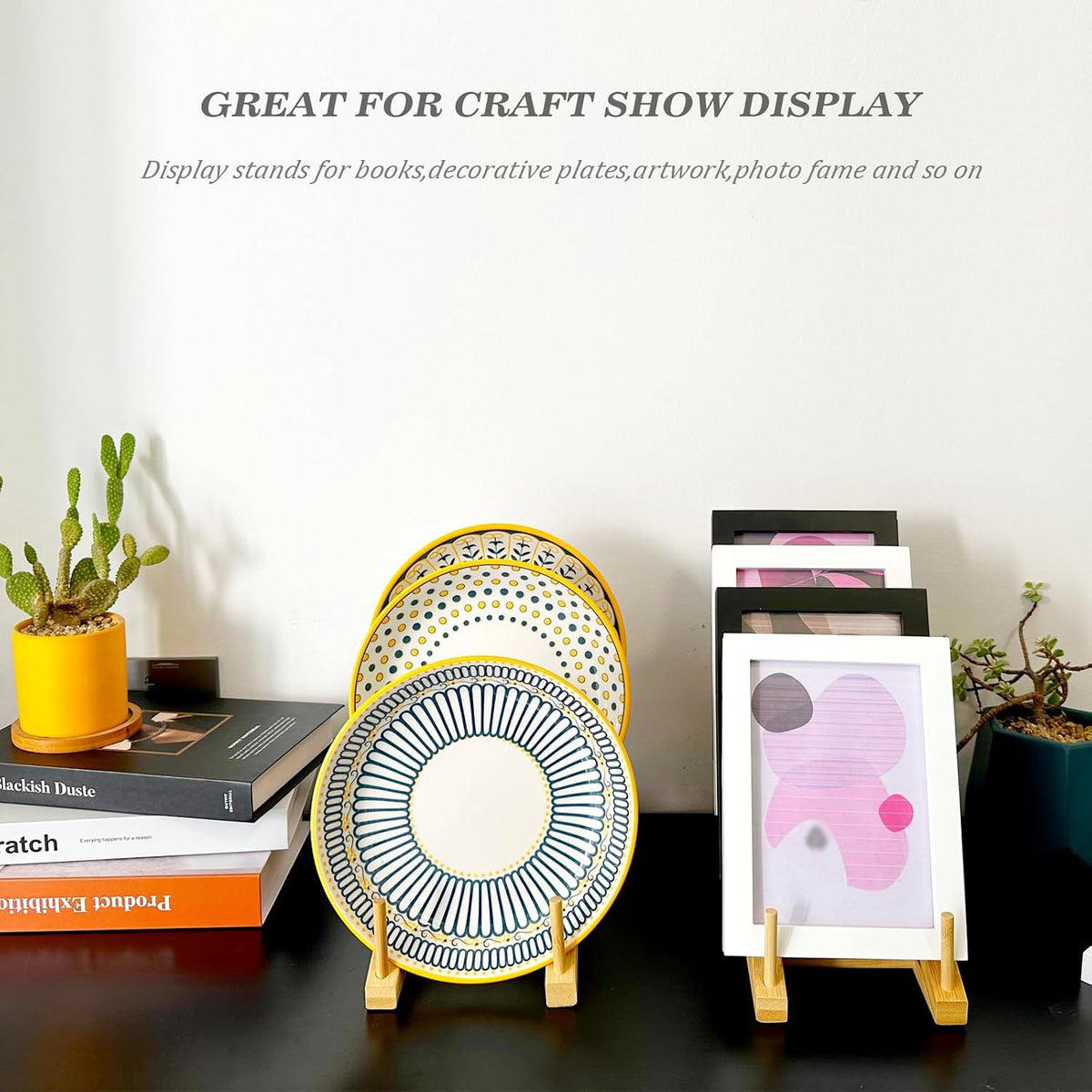 5 Pack Plate Stands For Display, Wooden Multi Plate Holder Organizer