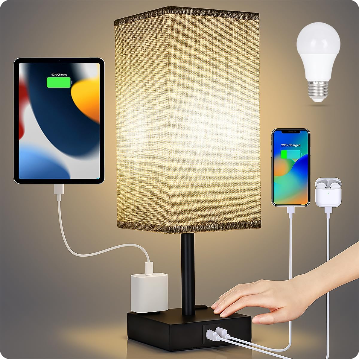 Bedside Table Lamp for Bedroom - Touch Small Lamp with USB C+A Charging Ports & AC Outlets, 3 Way Dimmable Nightstand Light for Living Room (LED Bulb Included, Grey)