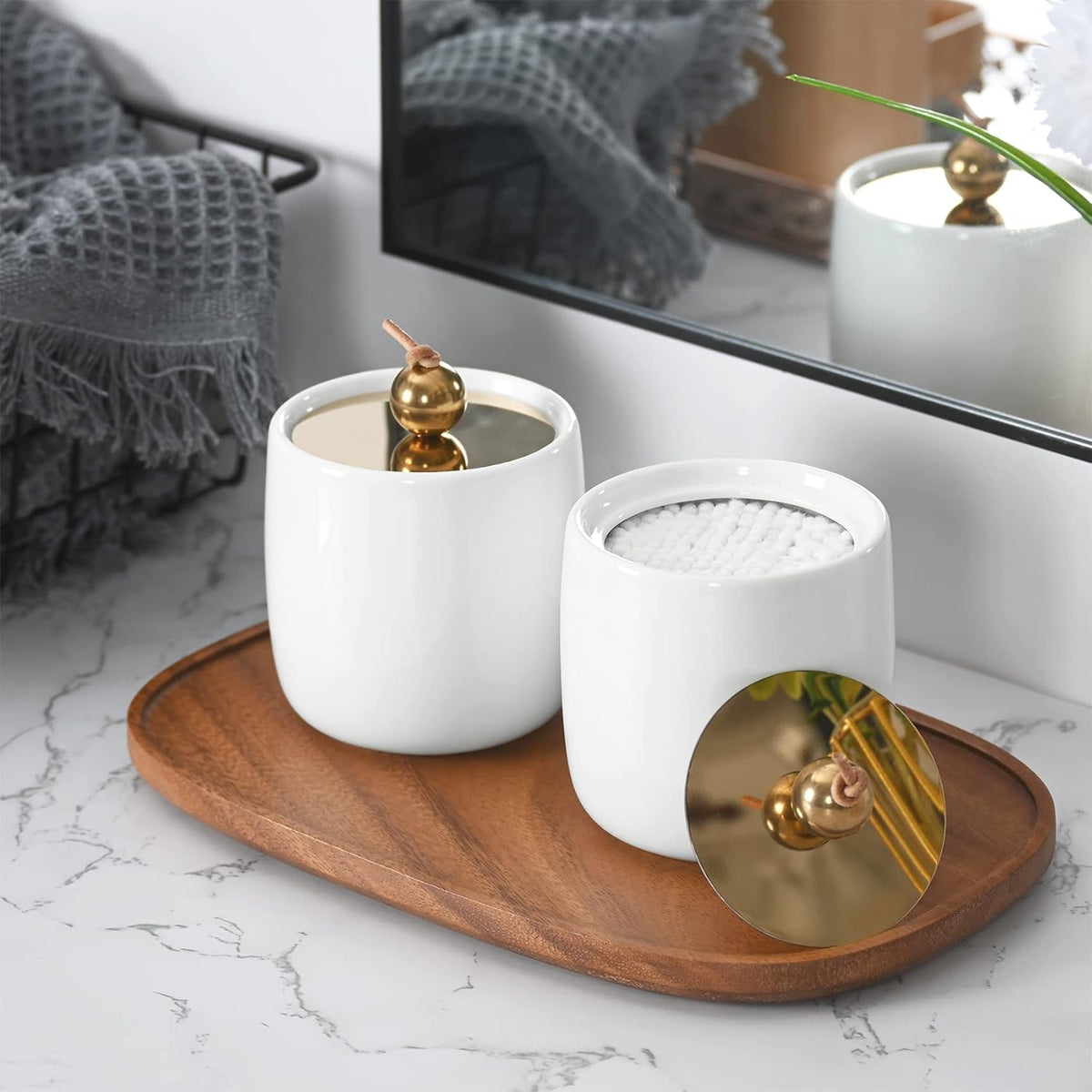 2 Pack Ceramic Qtip Holder Dispenser with Gold Lids, White Apothecary Jars Bathroom Vanity Organizer for Home Decor - Bathroom Canister for Cotton Swabs, Rounds, Balls, Makeup Sponges, Bath Salts