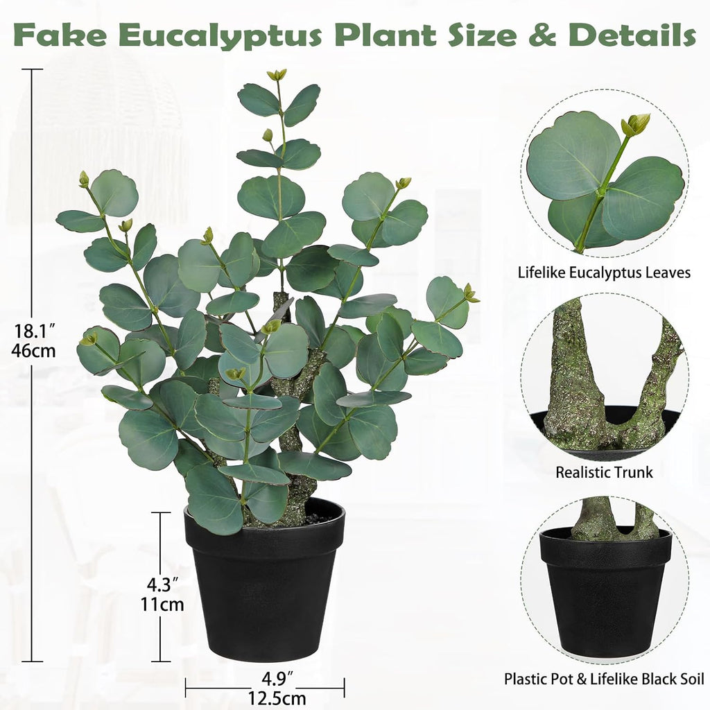 Artificial Plants Indoor with Pot, 18" Tall Faux Plants Indoor Silk Plant, Fake Potted Plant Small Eucalyptus Tree for Living Room Bathroom Kitchen Farmhouse Office Desk Table Shelf Decor, Green