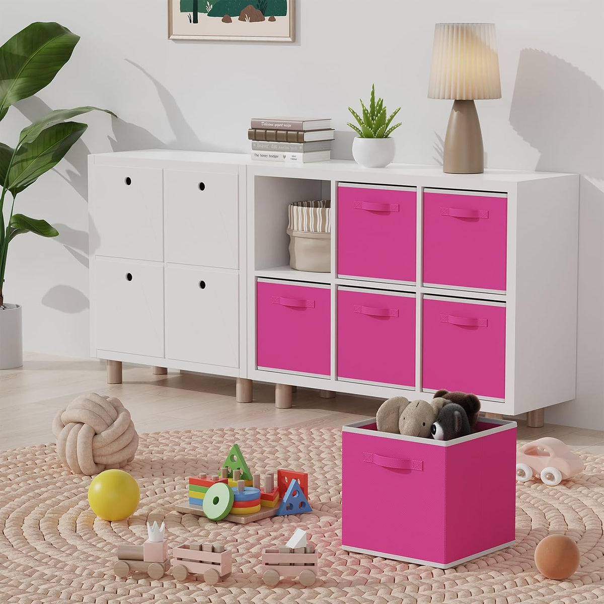 MAX Houser 6 Pack Foldable Fabric Storage Bins with Dual Handles, Pink