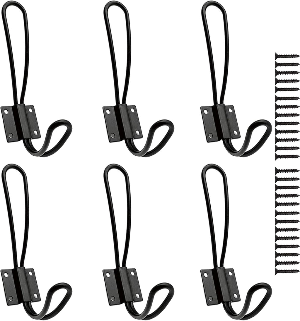Hajoyful Rustic Entryway Hooks-6 Pack Farmhouse Hooks with Metal Screws Included, Black Decorative Wall Mounted Rustic Coat Hooks Rack, Double Vintage Organizer Hanging Wire Hook Clothes Hanger