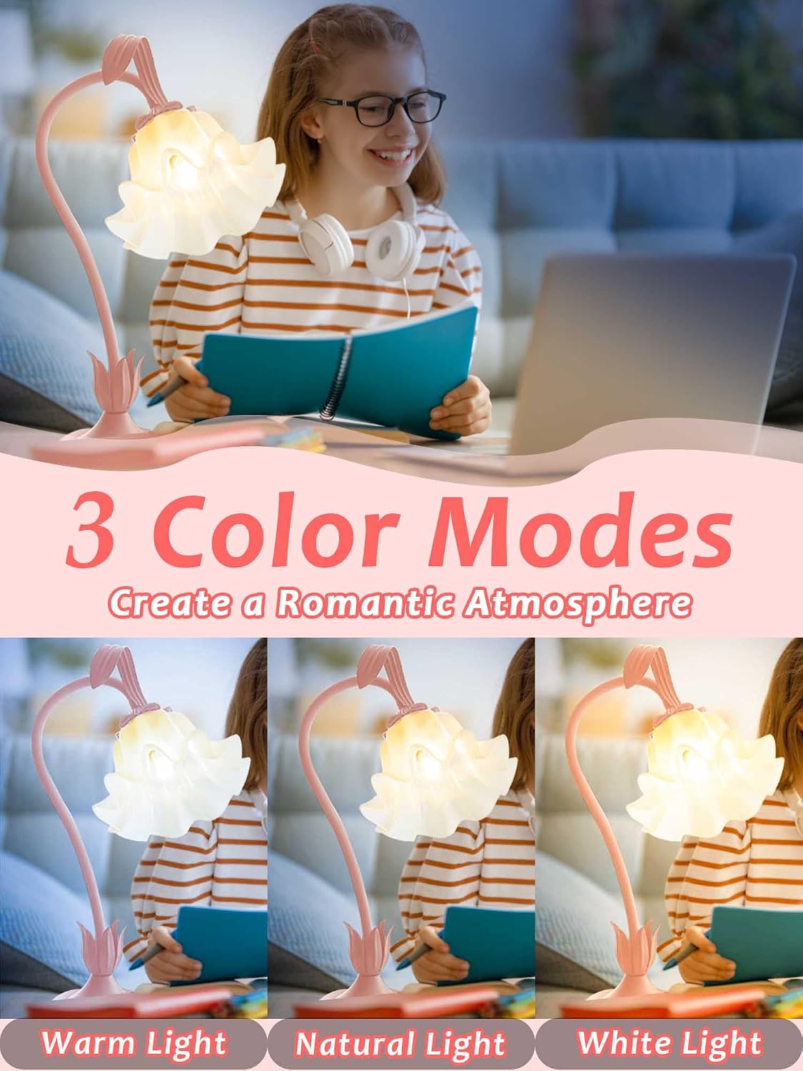 Flower Table Lamp, LED Reading Light Bedside Vintage Night Light (Pink)