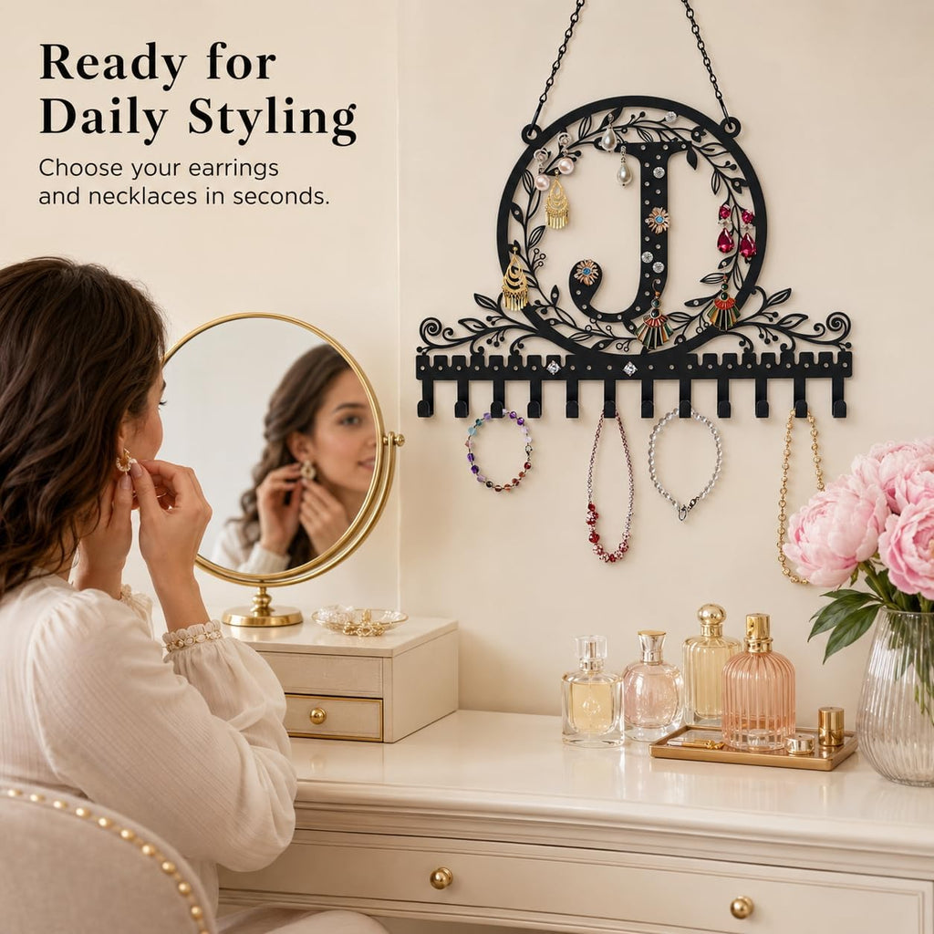 Personalized Wall Mounted Metal Initial Letter J Earring Holder Jewelry Organizer for Earrings and Necklaces Space Saving Wall Display with Hooks Jewelry Storage Bedroom Vanity Gift for Women