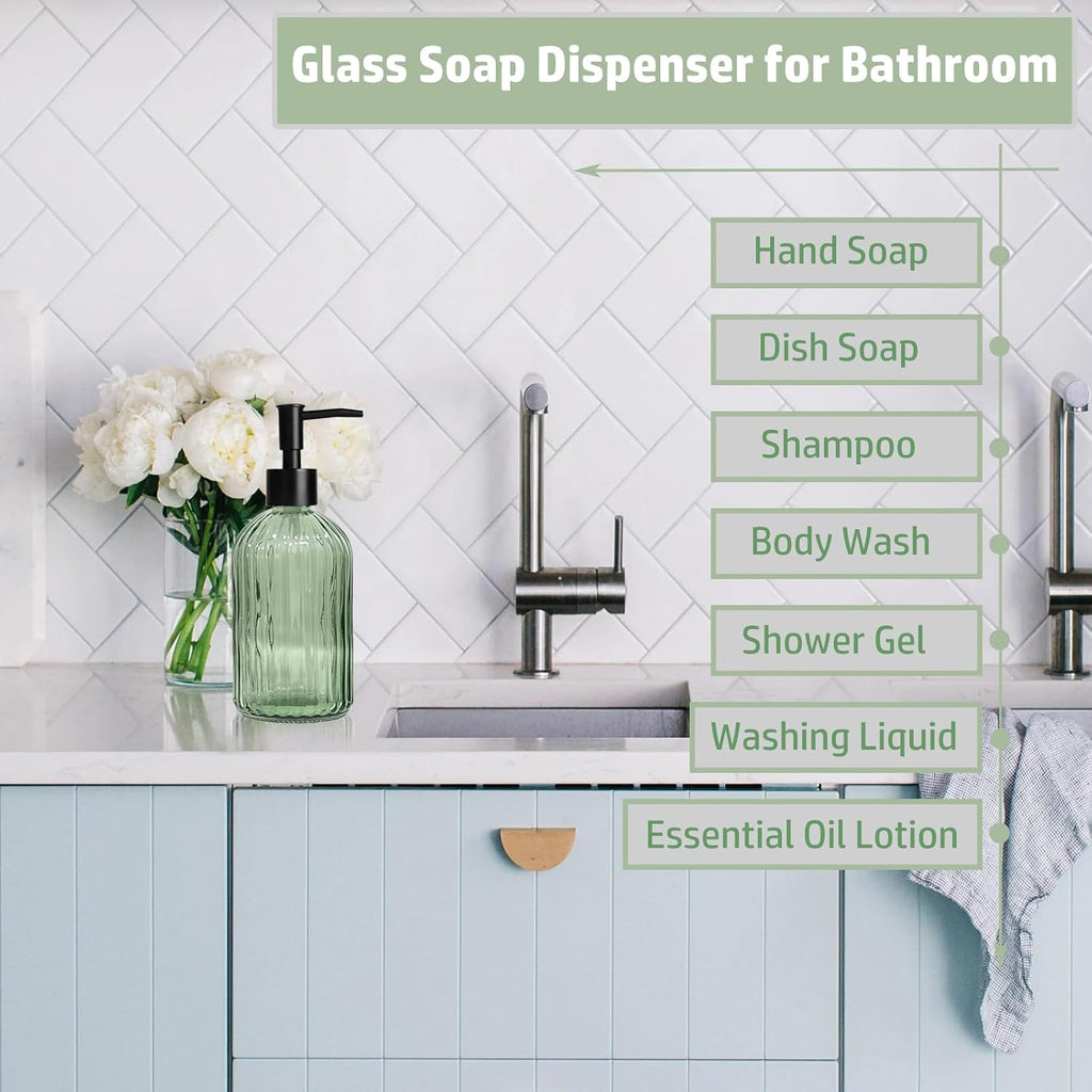 14Oz Green Glass Soap Dispenser with Plastic Pump, for Kitchen, Bathroom