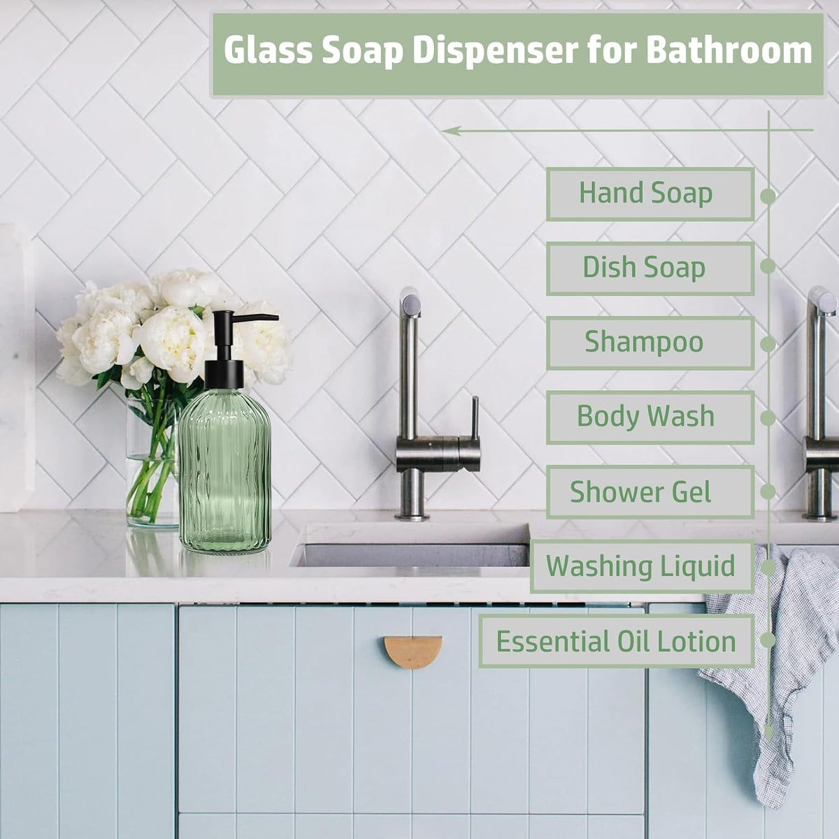 14Oz Green Glass Soap Dispenser with Plastic Pump, for Kitchen, Bathroom