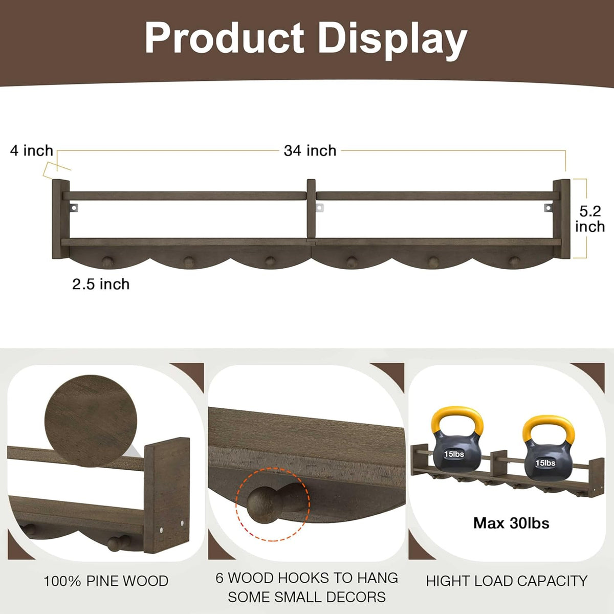 34Inch Nursery Bookshelves,Set of 4,Wall Floating Shelf Kids Coat Rack with 6Hooks,Hanging Book Shelf for Baby Nursery Room Décor (Dark Brown, 34)
