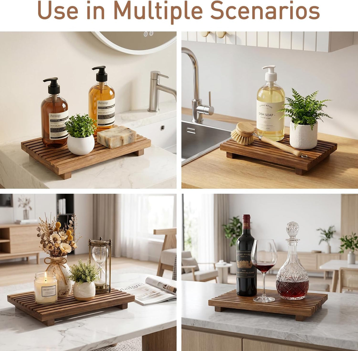 Acacia Wood Pedestal Stand Bathroom Tray Organizer Kitchen Counter Decor