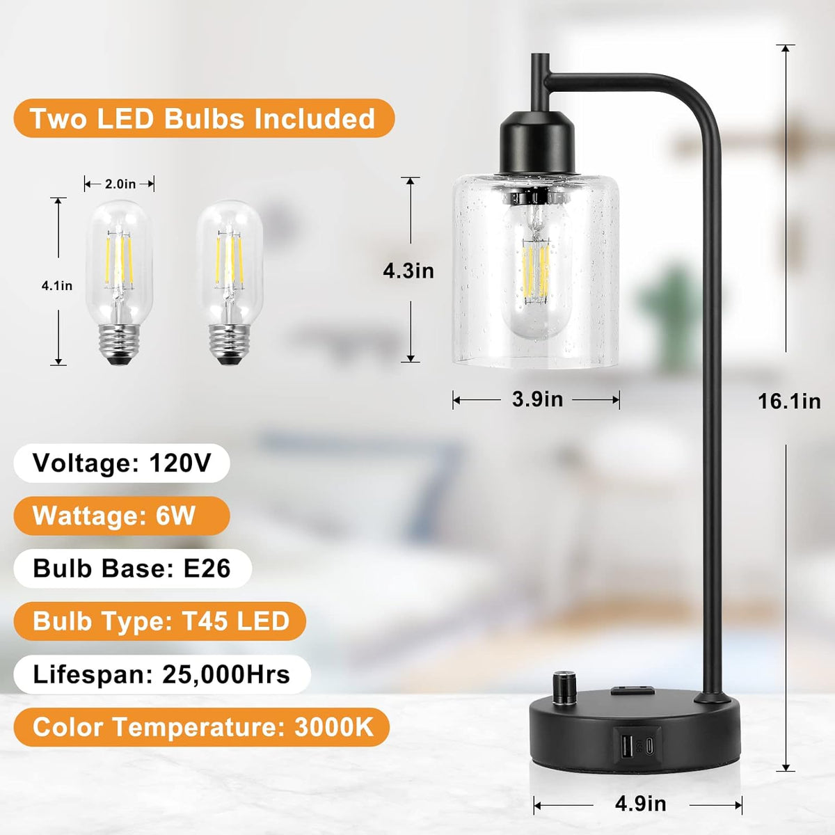 Industrial Bedside Lamps Set of 2, Fully Dimmable Desk Lamps for Bedroom