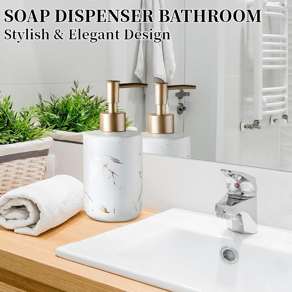 Gold Soap Dispenser, Dish Soap Dispenser for Kitchen Liquid Soap Pump Dispenser for Shower, Ceramics Refillable Hand Soap Lotion Dispenser, Shampoo Lotions Bottle for Bathroom, 10.5 OZ (White).
