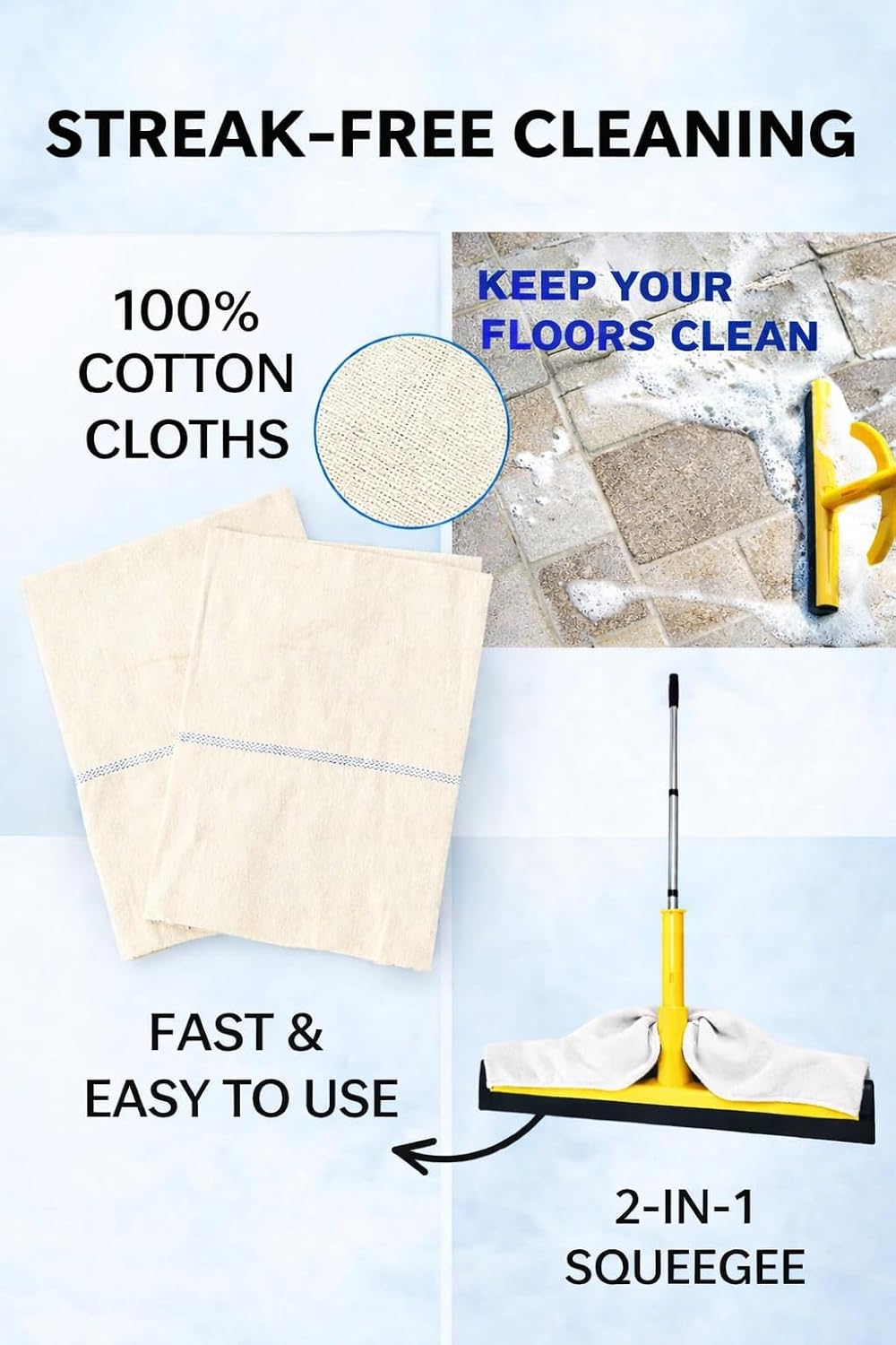 2-in-1 Floor Squeegee 17.5 Inch with Telescopic Handle, Heavy Duty Water Broom for Tile, Concrete, Marble, Garage & Shower (2-in-1 Squeegee + 2 Cotton Cloths (32x22))