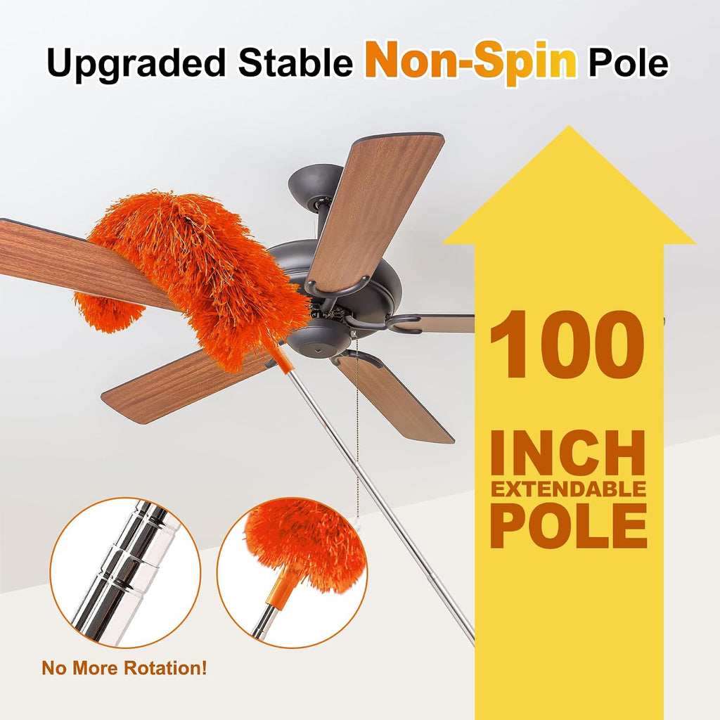 Tiumso 5-in-1 Duster with Extension Pole 100” Extendable Dusters for Cleaning Reusable Anti-Spin Dusting Kits for High Ceiling Fans, Cobwebs & Vents, Reinforced Stainless Steel Telescopic Handle
