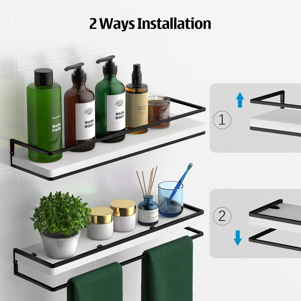 Meangood White Floating Shelves for Wall, 17 inch Bathroom Shelf, Set of 2