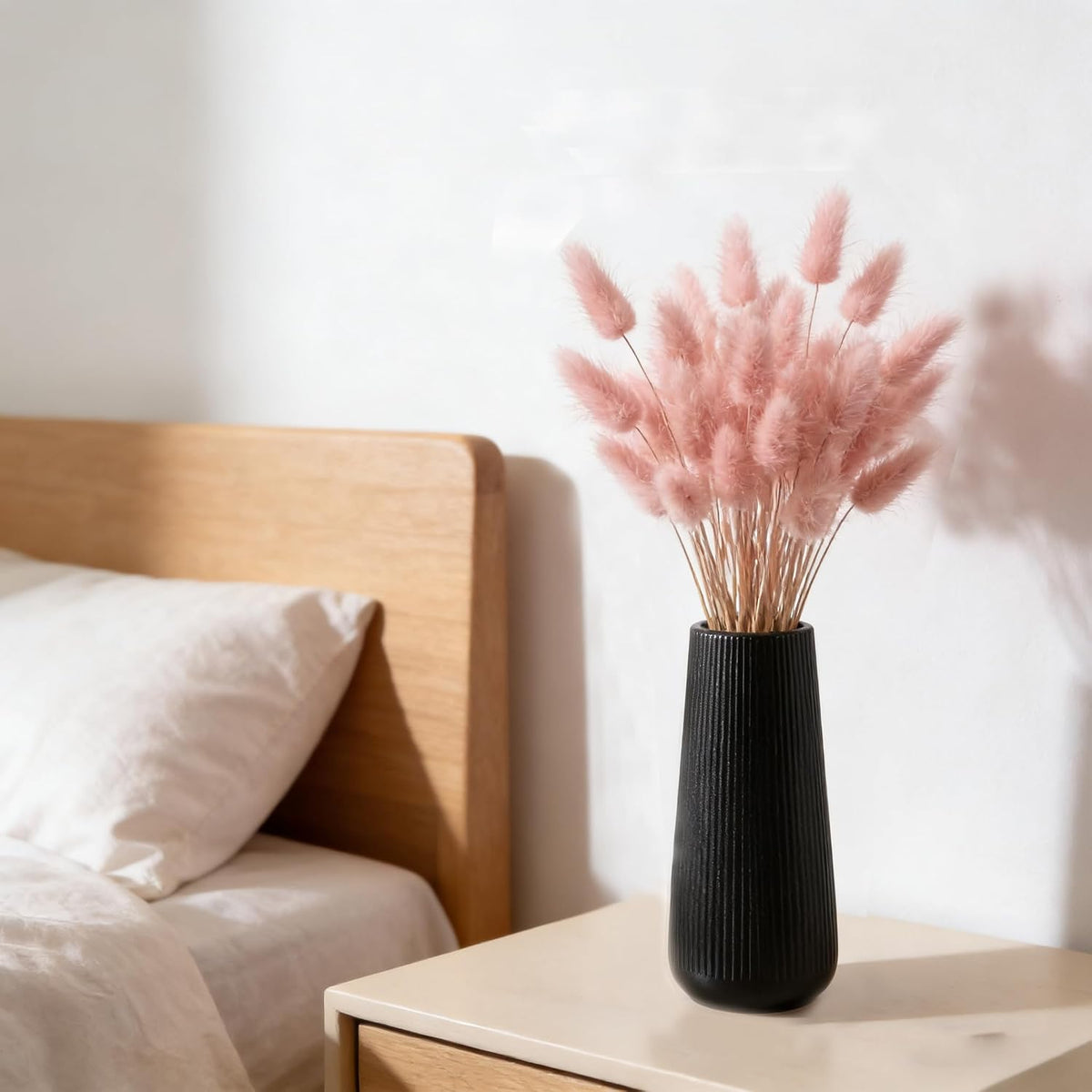 7.8''H Ceramic Vase, Pampas Grass Vase, Ribbed Modern Decor, Matte Black