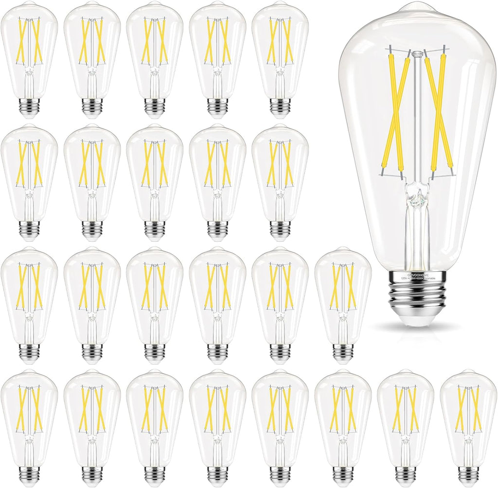 GvvooHome Edison Bulbs, E26 LED Bulb 60 watt Dimmable, Cool White 4000K, ST58 Vintage Light Bulbs, 90+ CRI, E26 Medium Base, Clear Glass, 24 Pack