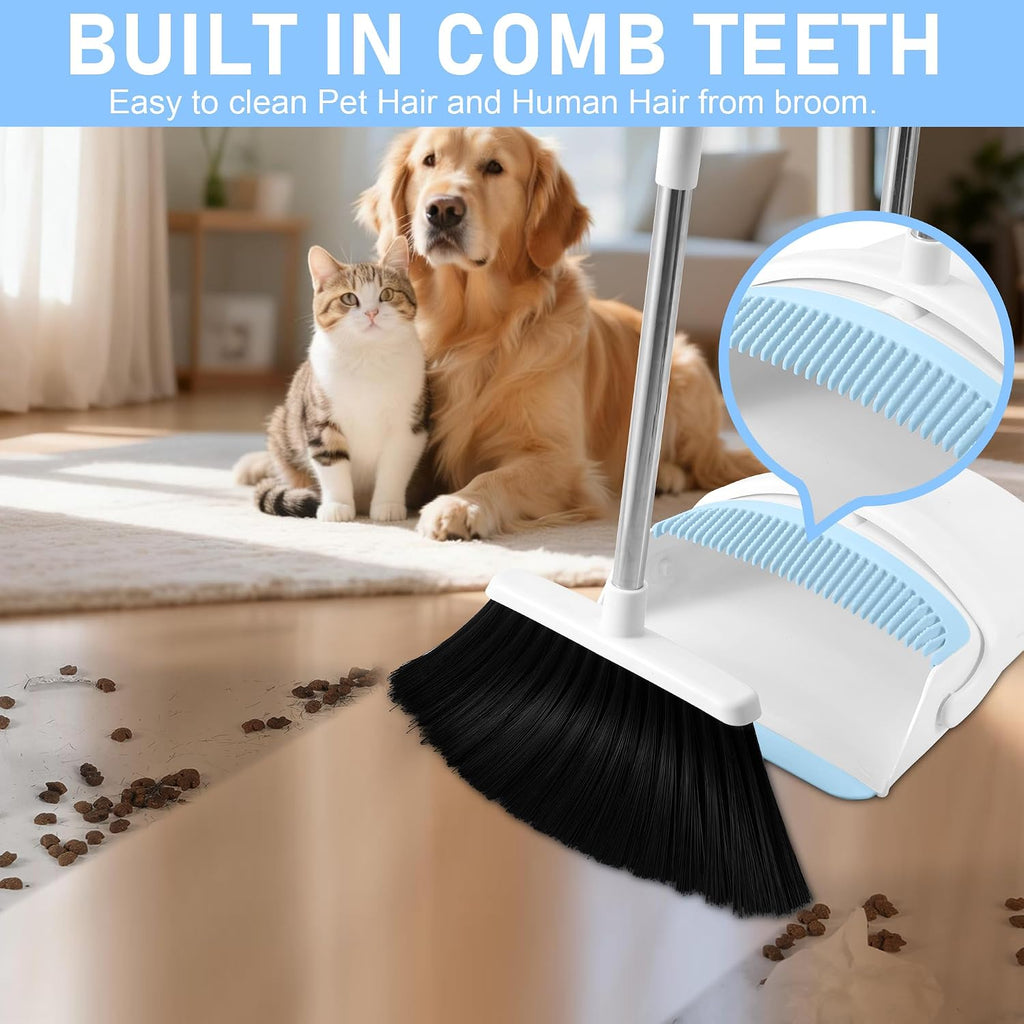 BSKLIN Broom and Dustpan Set, Broom with Dustpan Combo Set with Teeth to Clean Pet Hair 52-in Long Adjustable Handle Broom for Home Office Kitchen Lobby (White&Blue)