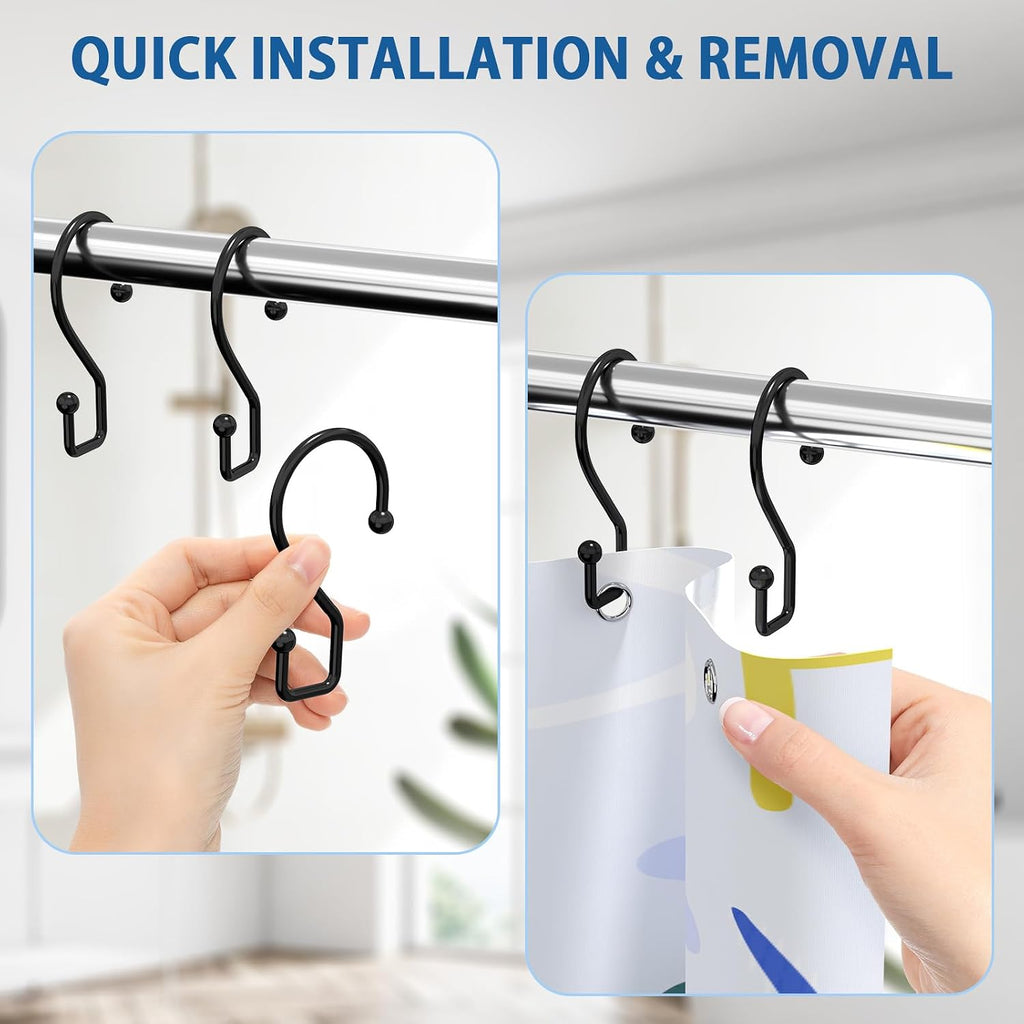 Goowin Metal Black Shower Curtain Hooks Rings, S Shape Metal Shower Curtain Rings Rust Proof Shower Curtain Hangers, Heavy-Duty Multi-Functional Shower Hooks for Shower Curtain, Black, 12 Pack