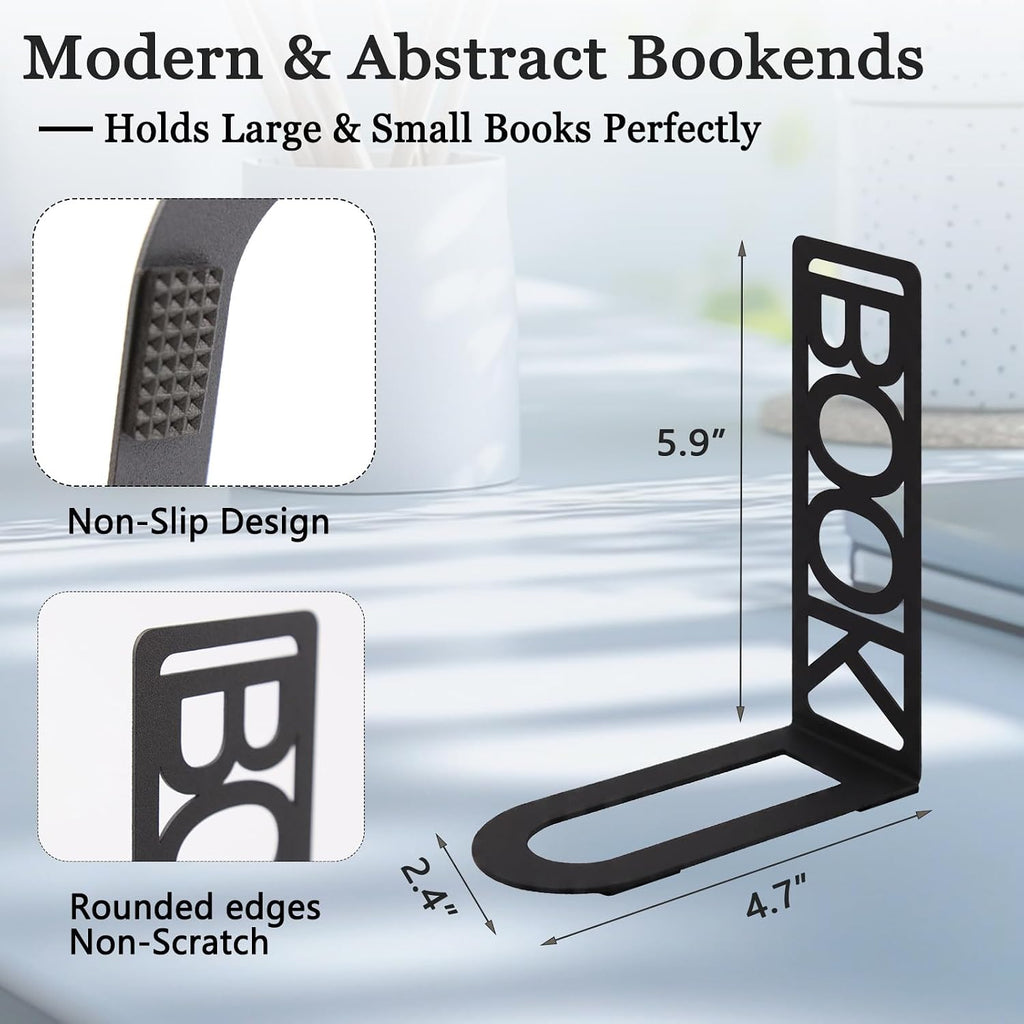 Book Ends for Shelves Set of 6, Black Modern Minimalist Metal Bookends Decorative Book Holder for Home Office Desk Bookshelf Decor Book Shelf Organizer
