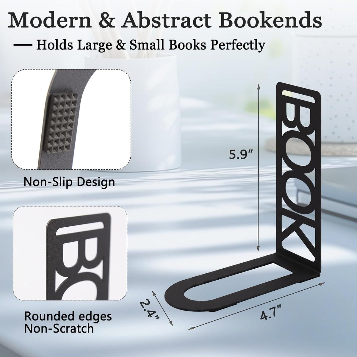 Book Ends for Shelves Set of 6, Black Modern Minimalist Metal Bookends Decorative Book Holder for Home Office Desk Bookshelf Decor Book Shelf Organizer