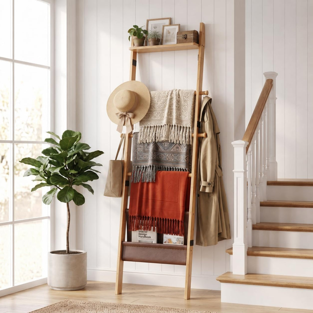 BAMBANG 71" 4-in-1 Blanket Ladder for Living Room, 5-Tier Leaning Bamboo Decorative Towel & Quilt Rack with Magazine Leather Pocket, 4 Detachable Hanging Bars, Space-Saving Shelf for Bedroom (Natural)