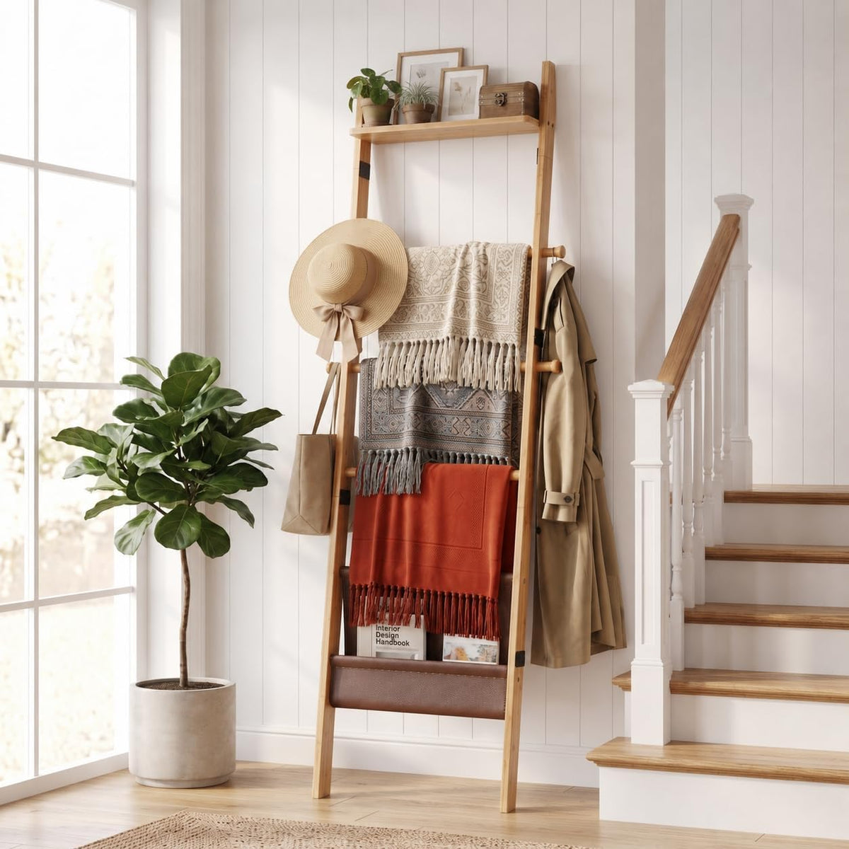 BAMBANG 71" 4-in-1 Blanket Ladder for Living Room, 5-Tier Leaning Bamboo Decorative Towel & Quilt Rack with Magazine Leather Pocket, 4 Detachable Hanging Bars, Space-Saving Shelf for Bedroom (Natural)
