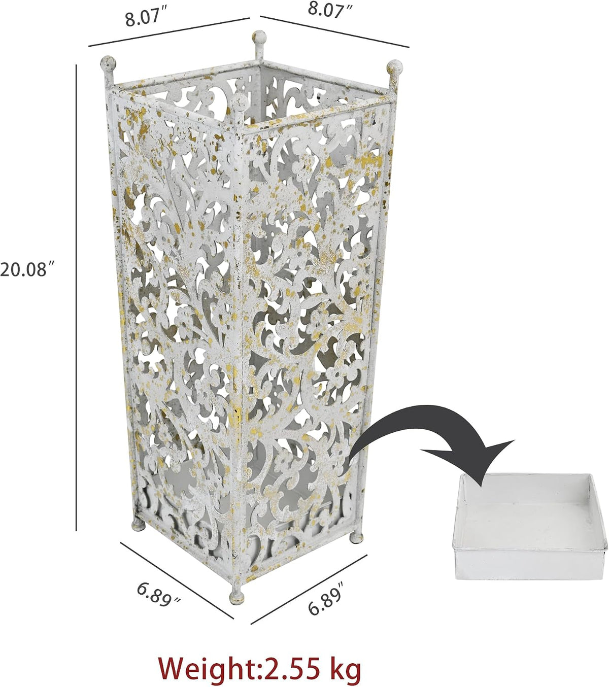 Vintage White Metal Umbrella Holder with Ornate Cutout Pattern Antique Decorative Umbrella Stand with Detachable Drip Tray for Entryway Storage Umbrellas Canes & Walking Sticks (White)