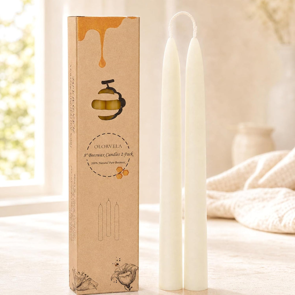 2 Pack 8 Inch 100% Pure Natural Beeswax White Taper Candles