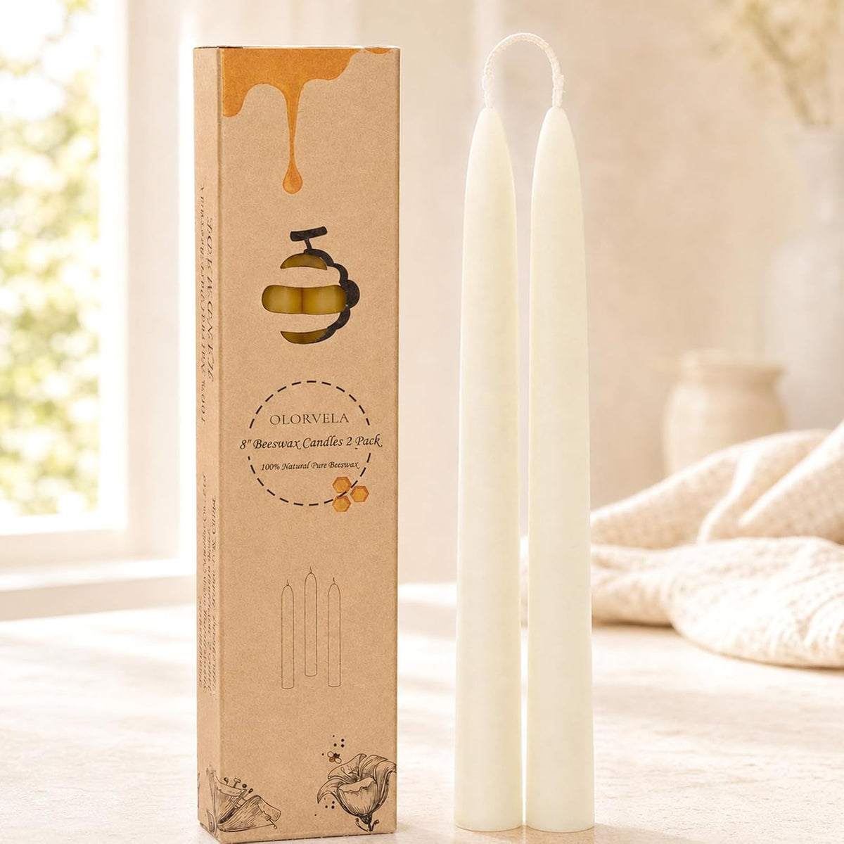 2 Pack 8 Inch 100% Pure Natural Beeswax White Taper Candles