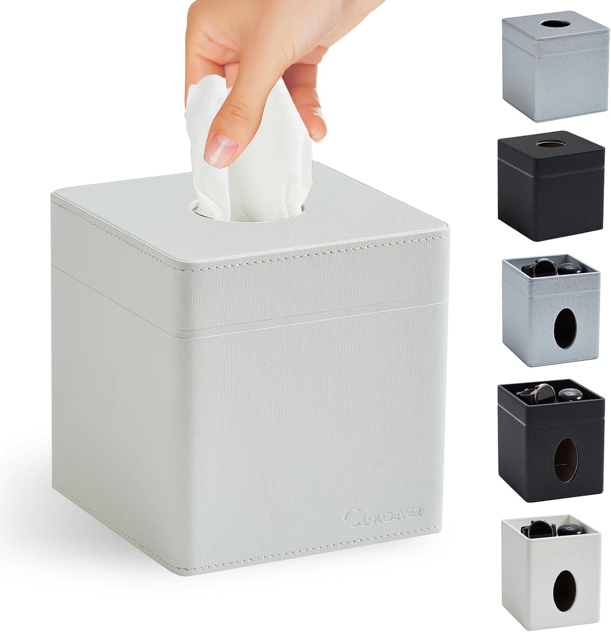 Square Tissue Box Cover Holder Compatible with Kleenex/Puffs Cubes, Patented Metal-Look PU Leather (Polar Ice)