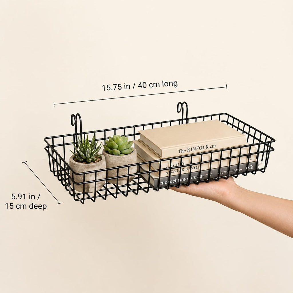 Black Metal Wire Hanging Basket, Multifunction Creative Mesh Wall Grid Holder Storage Organizer Plant Holder Shelf Flower Pots Black Coated