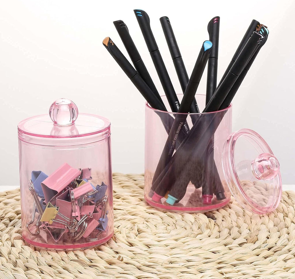 Tbestmax 2 Pack Qtip Holder Bathroom Jars Canisters for Cotton Ball Swab Pad Storage Dispenzer, Pink 10-Ounce