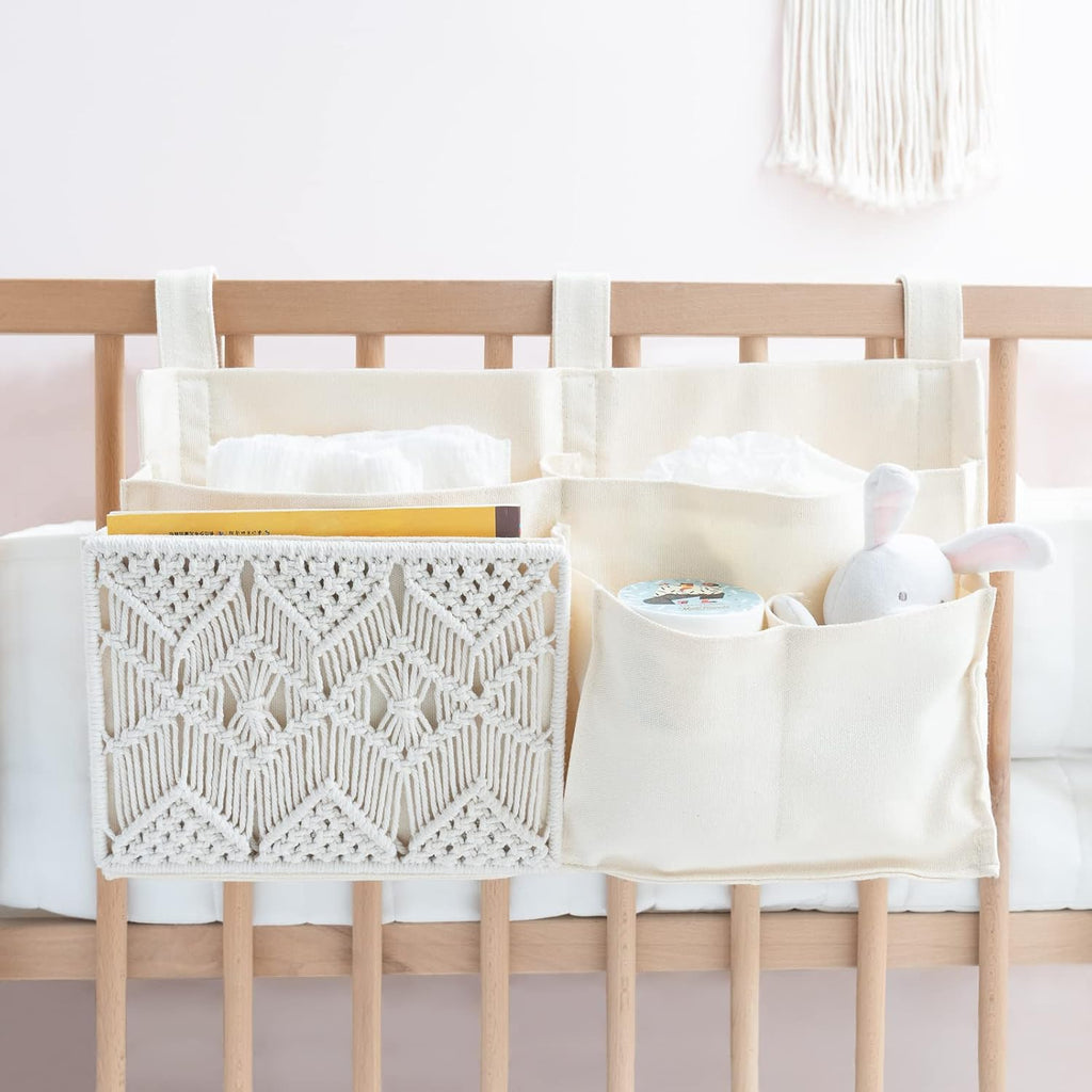 Mkono Bedside Caddy, Macrame Bunk Bed Hanging Organizer, 7 Pockets Ivory