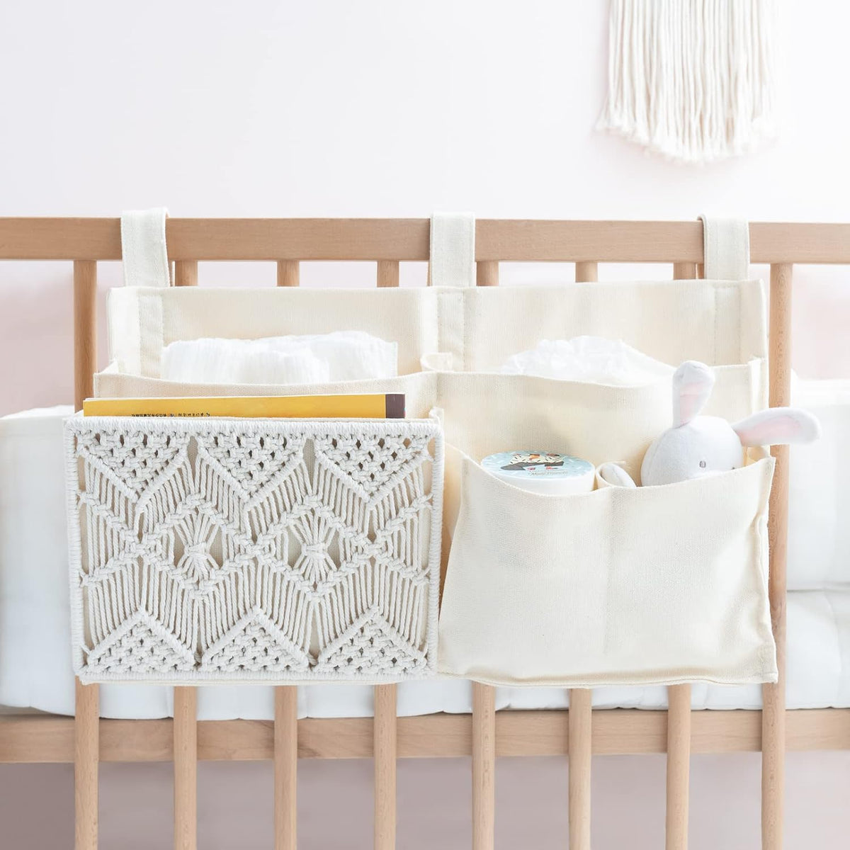 Mkono Bedside Caddy, Macrame Bunk Bed Hanging Organizer, 7 Pockets Ivory