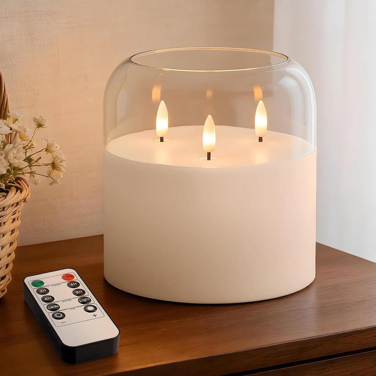 3 Wick Flameless Candle with Remote, Clear Glass, Wax, Battery Operated LED
