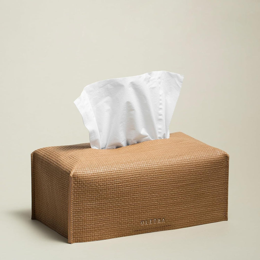 OLETHA Rectangle Tissue Box Cover, Raffia Embossing, Wheat, Standard Size