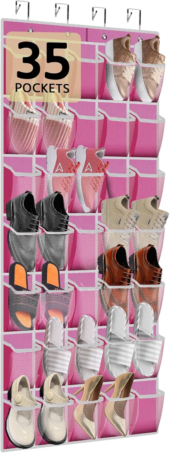 PAULONE 35 Pocket Over the Door Shoe Organizer,Reusable Breathable Large Mesh Bag Men's & Women's Sneaker Organizer,Shoe Organizer for Kids,Hanging Shoe Storage Hanging Bag (Pink)
