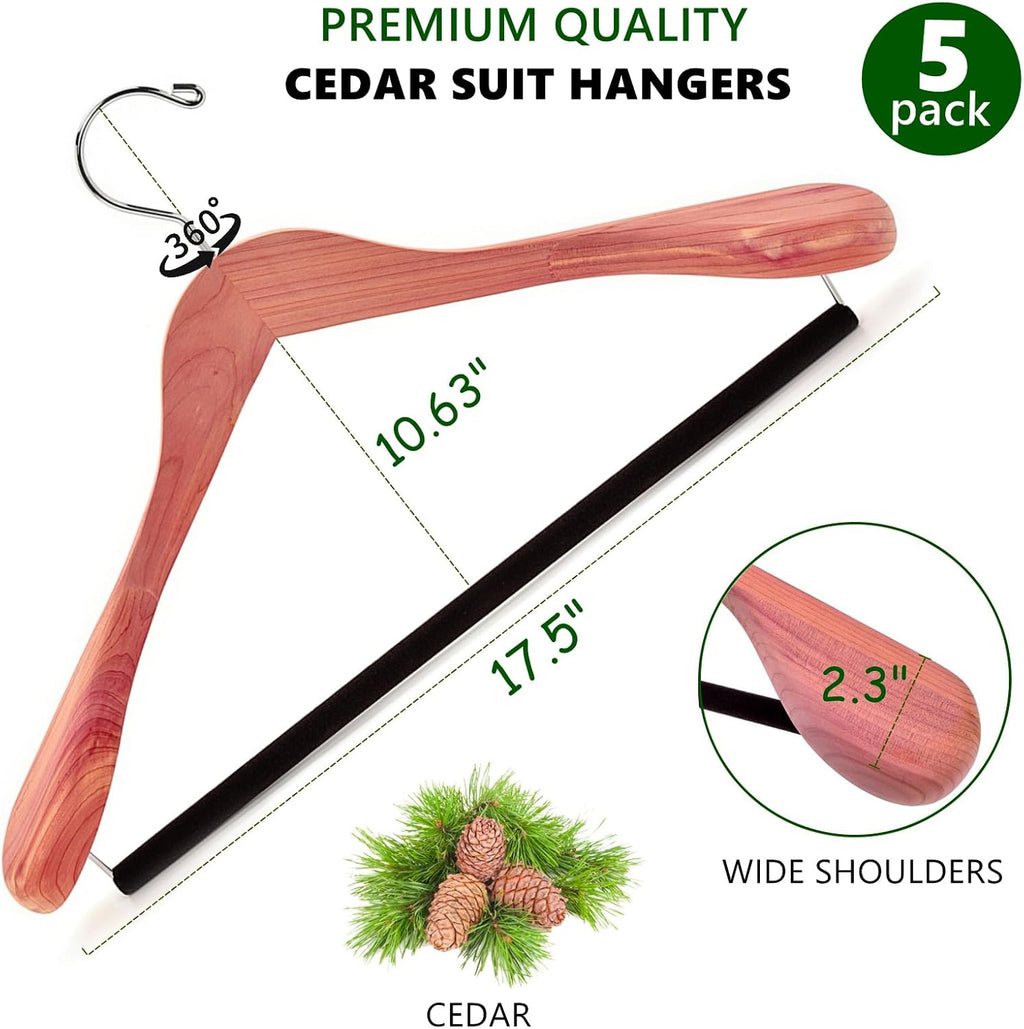 Amber Home 5 Pack Cedar Wood Suit Coat Hangers with Extra Wide Shoulder