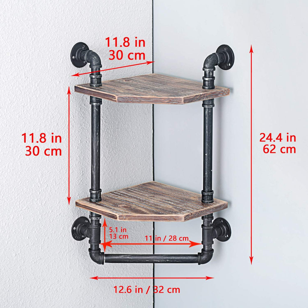 MBQQ Industrial Pipe Shelf,Rustic Corner Shelves with Towel Bar,Bathroom Shelves Wall Mounted,2 Tiered Metal&Real Wood Home Decor Floating Shelves
