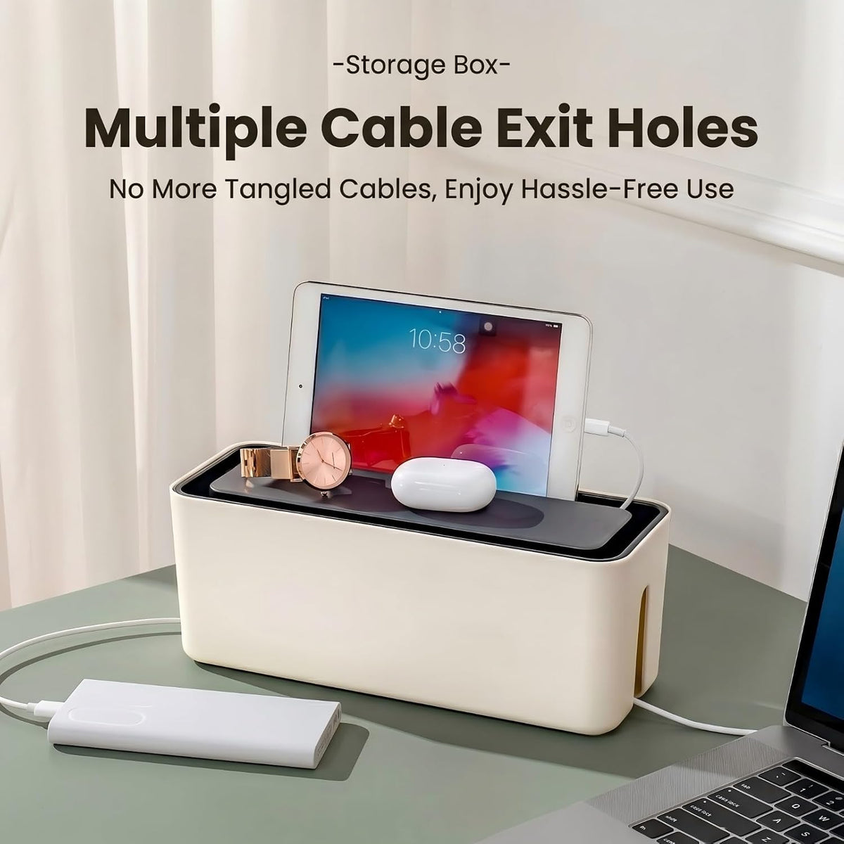 Cable Management Box, Dust-Proof & Heat Dissipation Cord Organizer, Hide Power Strips and Messy Wires, 11.8" (L) x 4.3" (W) x 4.5" (H), Home Office Desk Accessories, Includes 3 Stickers & Straps