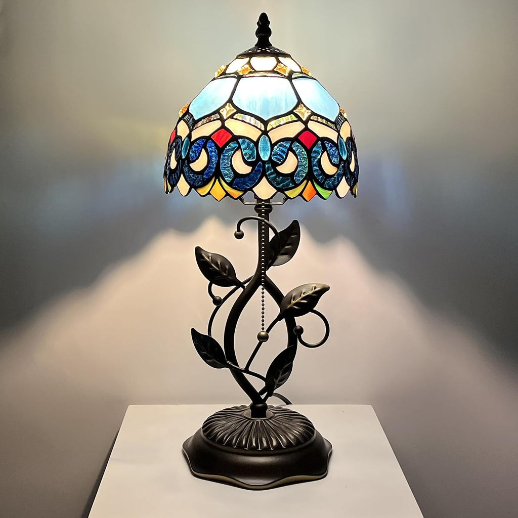 Tiffany Style Stained Glass Table Lamp Blue Jewelry Baroque 18 Inch